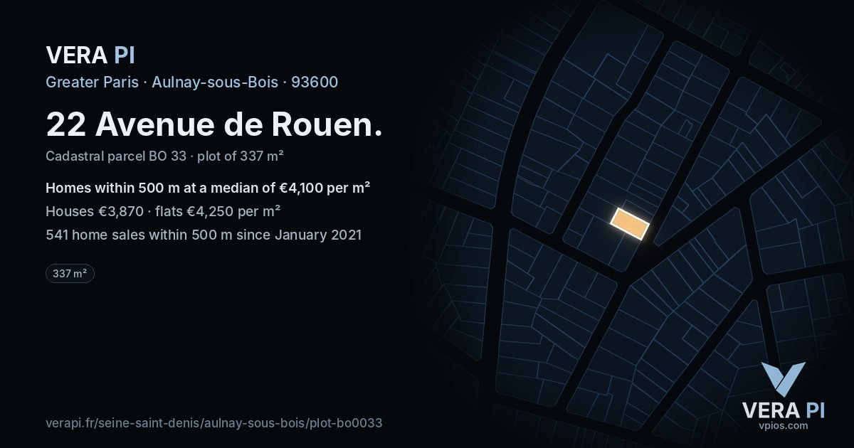 22 Avenue de Rouen, Aulnay-sous-Bois at night – the plot lit, the parcels around coloured by the prices near them