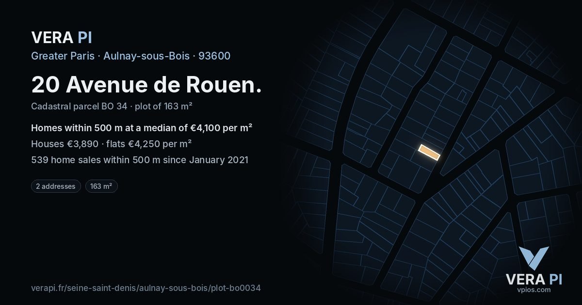 20 Avenue de Rouen, Aulnay-sous-Bois at night – the plot lit, the parcels around coloured by the prices near them