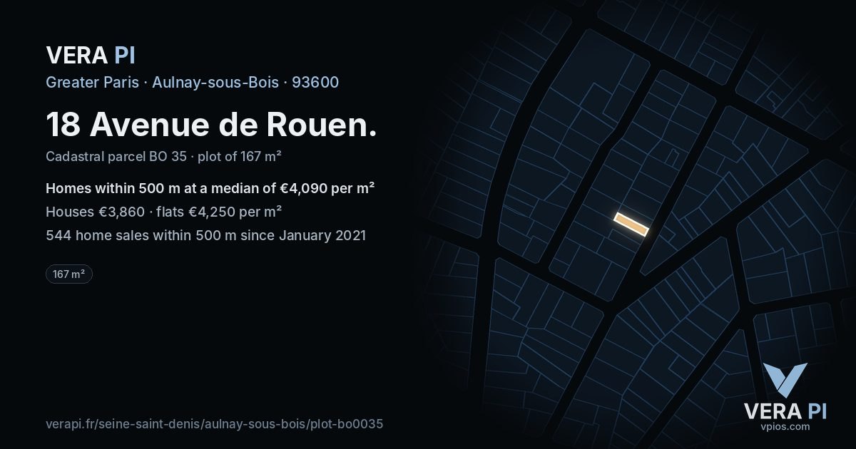 18 Avenue de Rouen, Aulnay-sous-Bois at night – the plot lit, the parcels around coloured by the prices near them