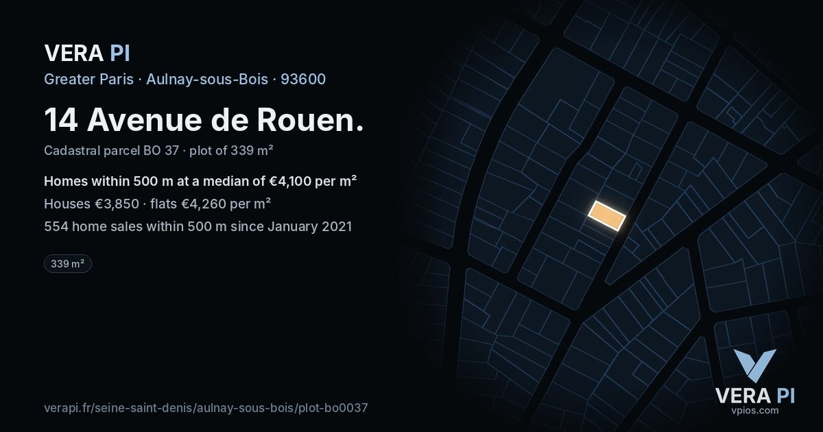 14 Avenue de Rouen, Aulnay-sous-Bois at night – the plot lit, the parcels around coloured by the prices near them