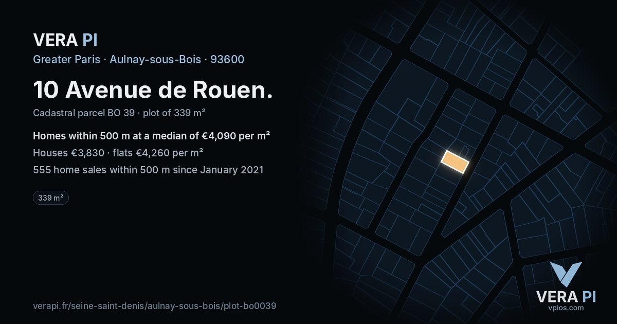 10 Avenue de Rouen, Aulnay-sous-Bois at night – the plot lit, the parcels around coloured by the prices near them