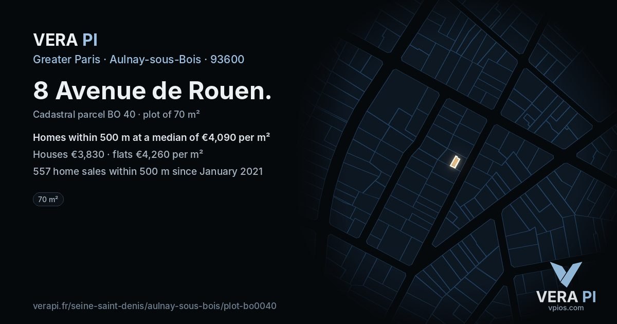 8 Avenue de Rouen, Aulnay-sous-Bois at night – the plot lit, the parcels around coloured by the prices near them