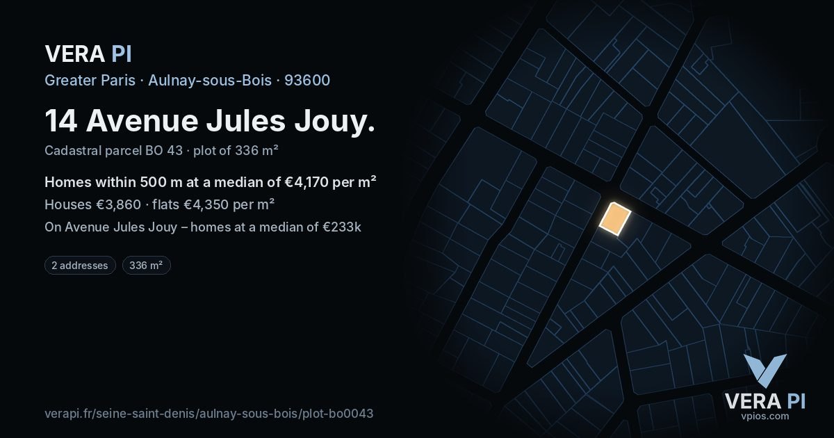 14 Avenue Jules Jouy, Aulnay-sous-Bois at night – the plot lit, the parcels around coloured by the prices near them