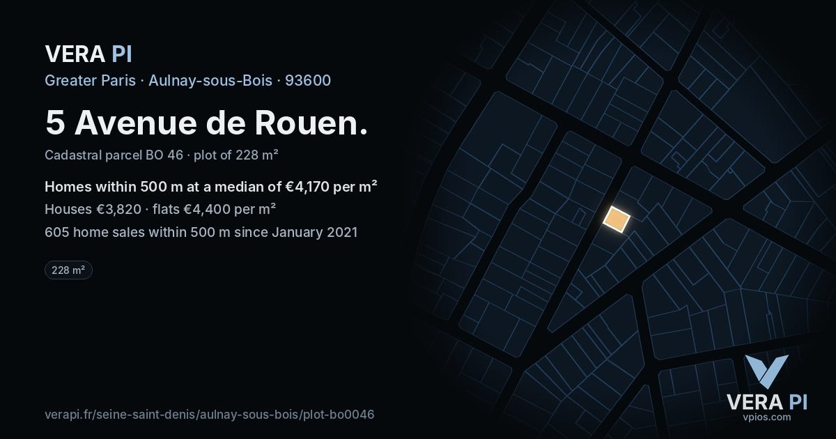 5 Avenue de Rouen, Aulnay-sous-Bois at night – the plot lit, the parcels around coloured by the prices near them