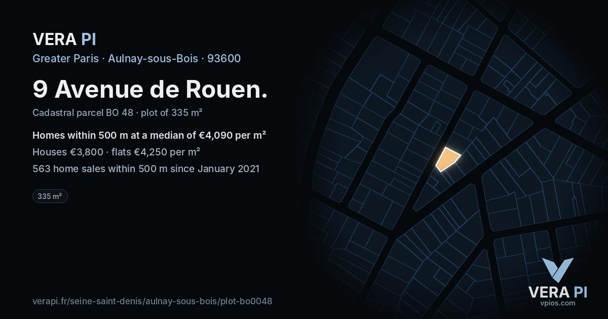 9 Avenue de Rouen, Aulnay-sous-Bois at night – the plot lit, the parcels around coloured by the prices near them