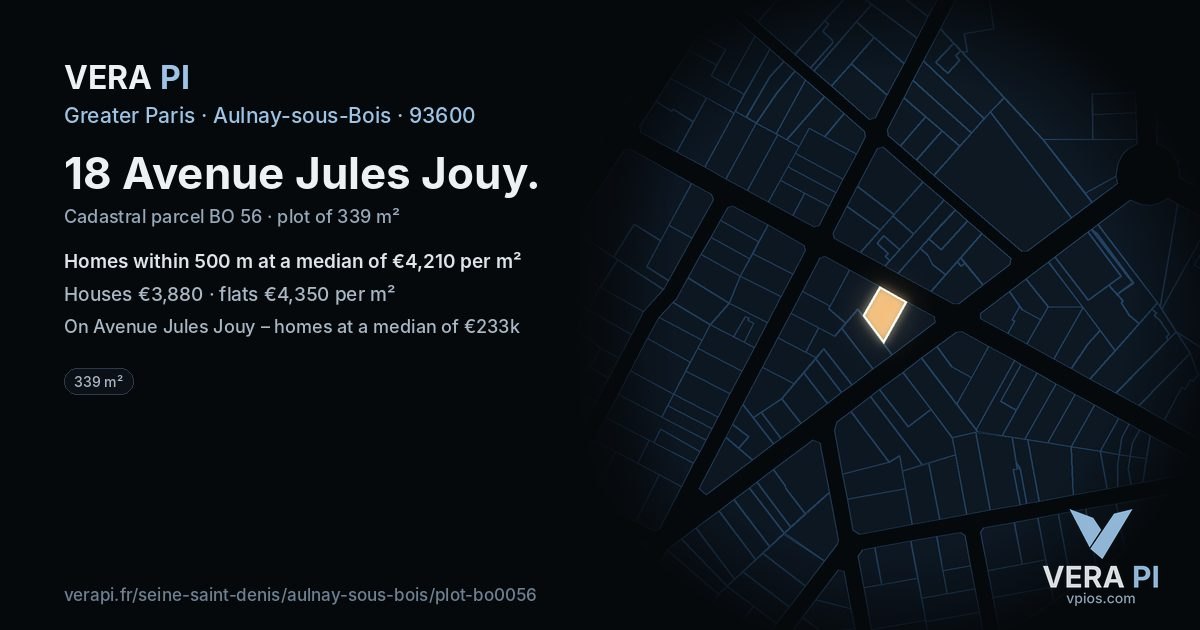 18 Avenue Jules Jouy, Aulnay-sous-Bois at night – the plot lit, the parcels around coloured by the prices near them