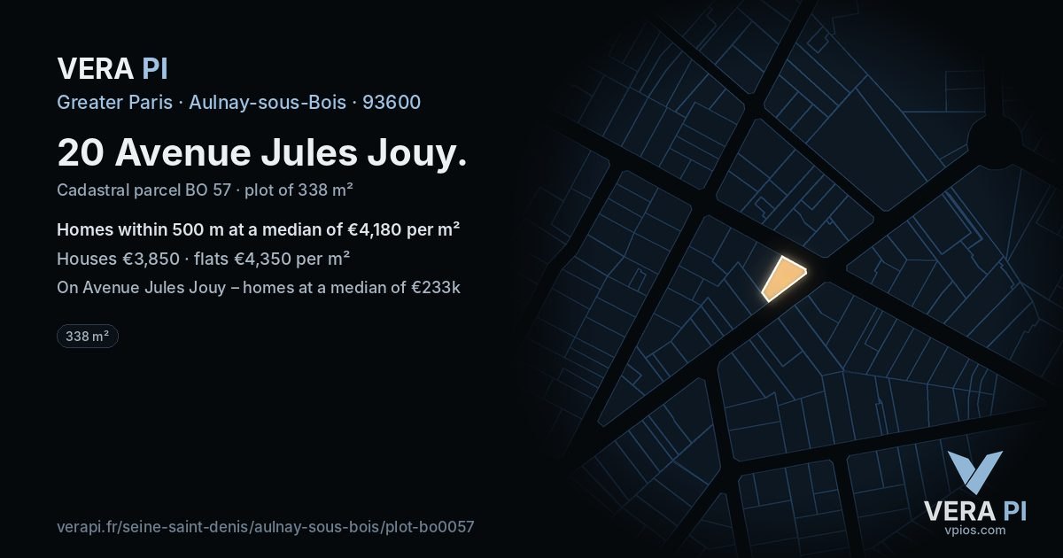 20 Avenue Jules Jouy, Aulnay-sous-Bois at night – the plot lit, the parcels around coloured by the prices near them