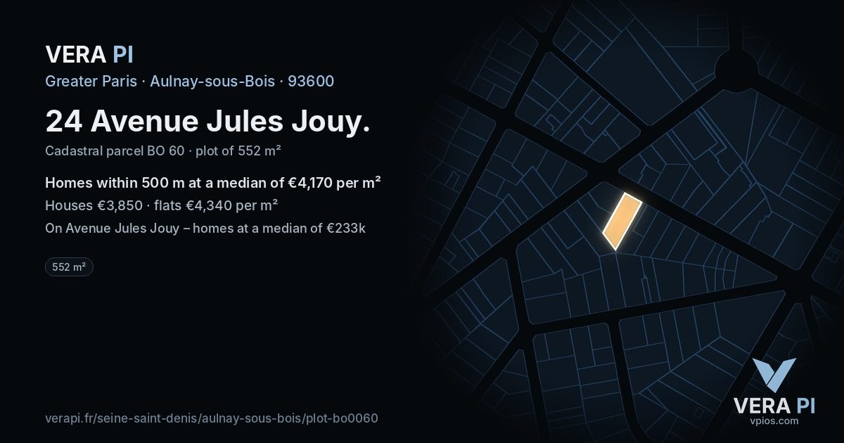 24 Avenue Jules Jouy, Aulnay-sous-Bois at night – the plot lit, the parcels around coloured by the prices near them
