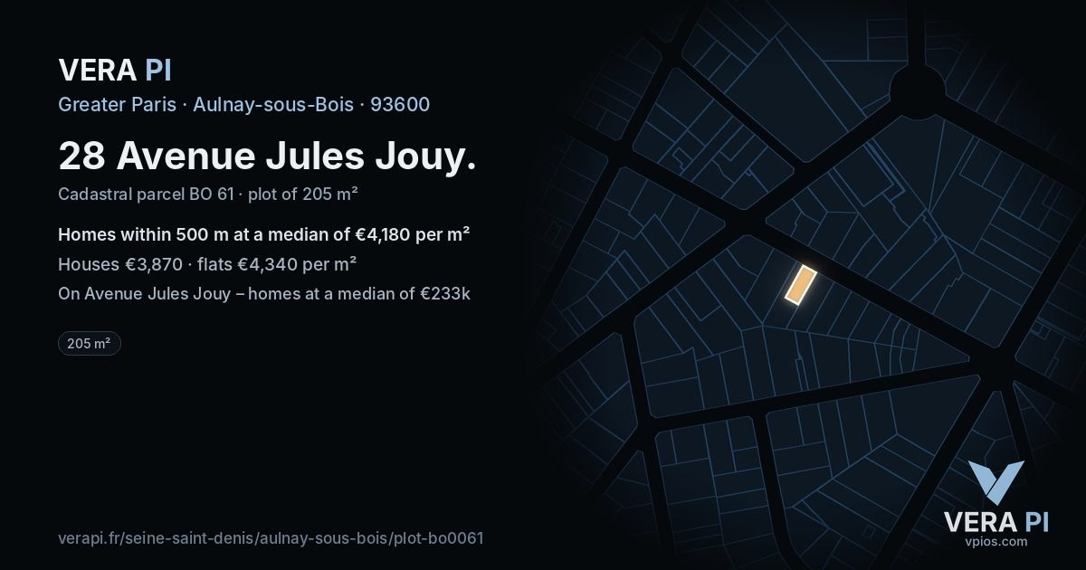 28 Avenue Jules Jouy, Aulnay-sous-Bois at night – the plot lit, the parcels around coloured by the prices near them