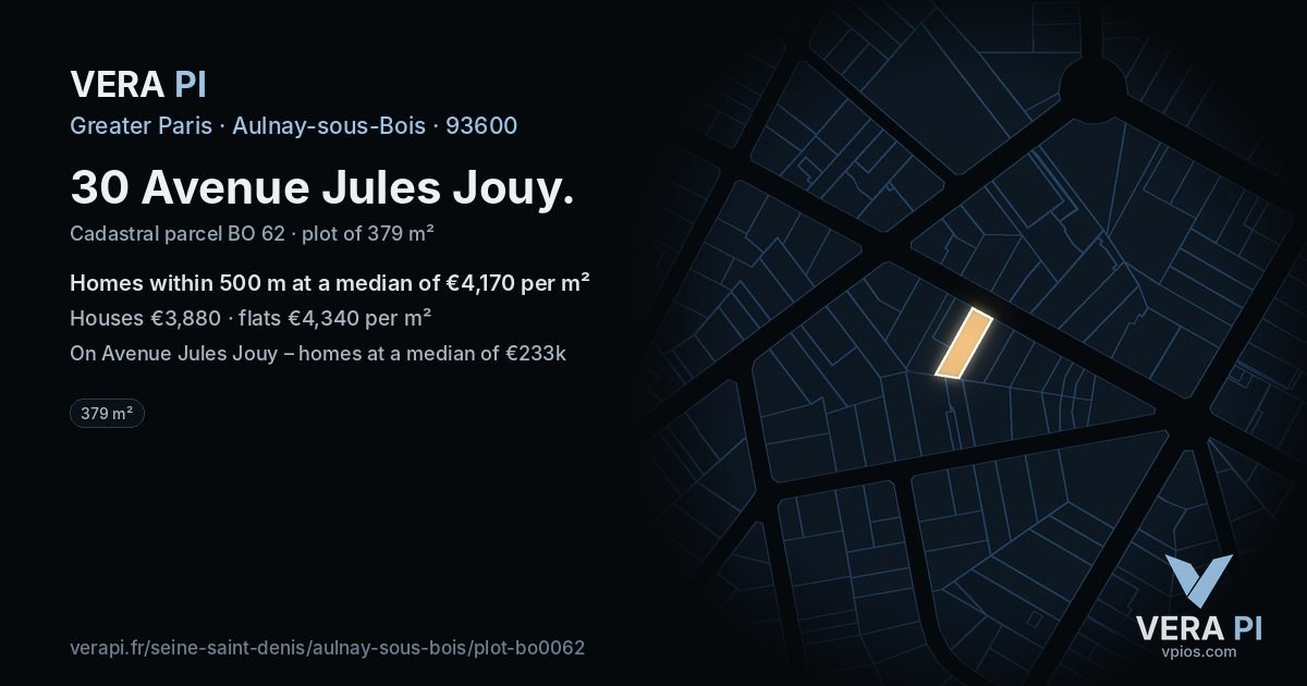 30 Avenue Jules Jouy, Aulnay-sous-Bois at night – the plot lit, the parcels around coloured by the prices near them