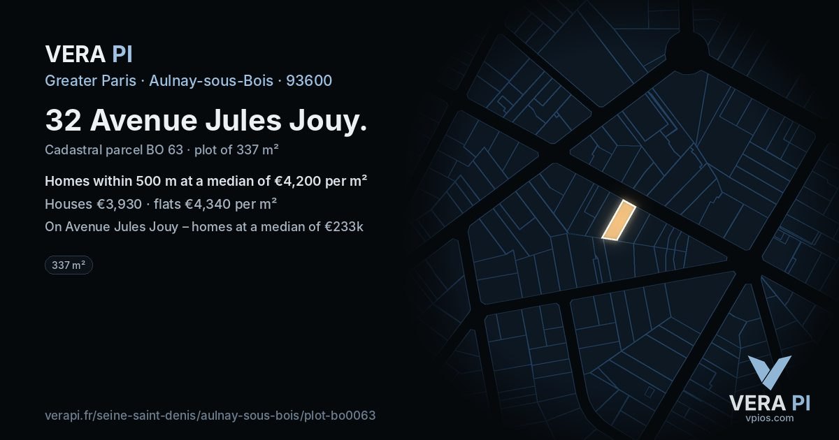 32 Avenue Jules Jouy, Aulnay-sous-Bois at night – the plot lit, the parcels around coloured by the prices near them