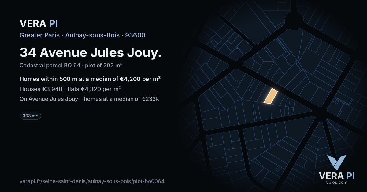 34 Avenue Jules Jouy, Aulnay-sous-Bois at night – the plot lit, the parcels around coloured by the prices near them