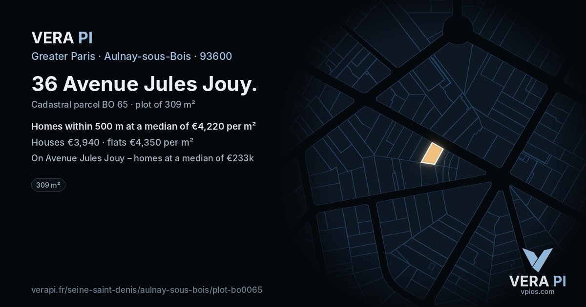 36 Avenue Jules Jouy, Aulnay-sous-Bois at night – the plot lit, the parcels around coloured by the prices near them