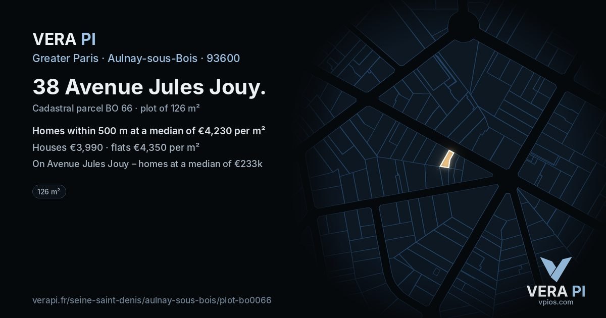 38 Avenue Jules Jouy, Aulnay-sous-Bois at night – the plot lit, the parcels around coloured by the prices near them