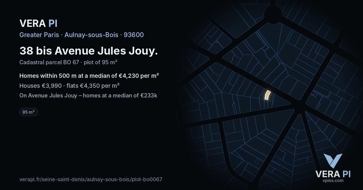 38 bis Avenue Jules Jouy, Aulnay-sous-Bois at night – the plot lit, the parcels around coloured by the prices near them