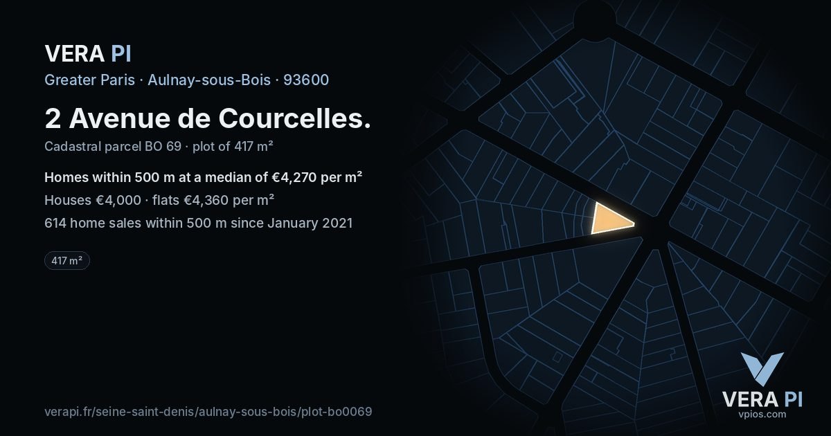 2 Avenue de Courcelles, Aulnay-sous-Bois at night – the plot lit, the parcels around coloured by the prices near them