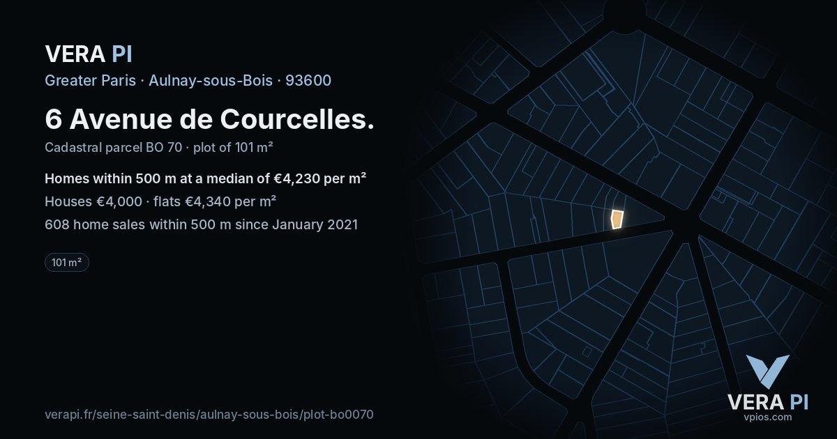 6 Avenue de Courcelles, Aulnay-sous-Bois at night – the plot lit, the parcels around coloured by the prices near them