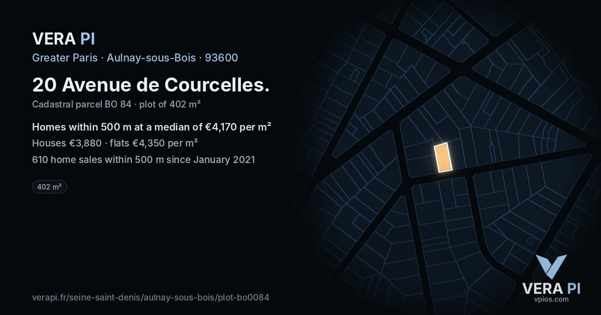 20 Avenue de Courcelles, Aulnay-sous-Bois at night – the plot lit, the parcels around coloured by the prices near them