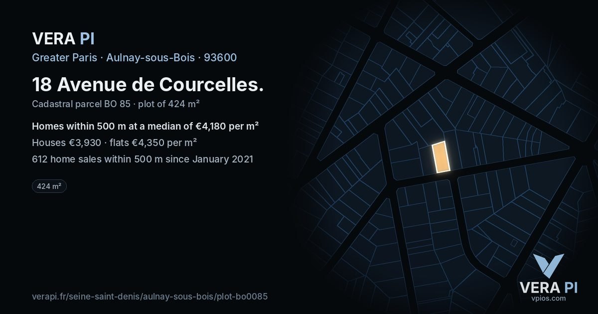 18 Avenue de Courcelles, Aulnay-sous-Bois at night – the plot lit, the parcels around coloured by the prices near them