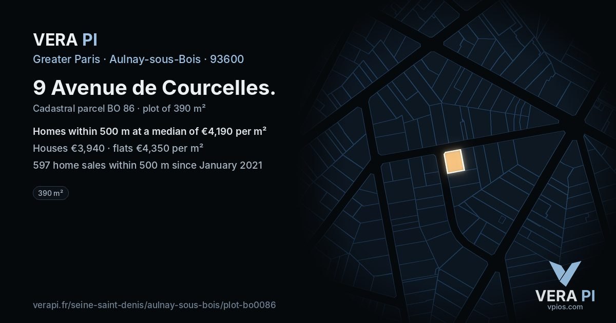 9 Avenue de Courcelles, Aulnay-sous-Bois at night – the plot lit, the parcels around coloured by the prices near them