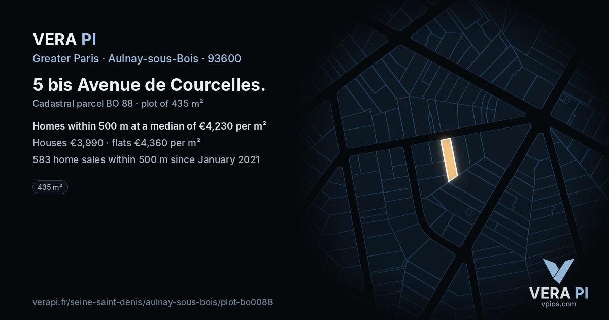 5 bis Avenue de Courcelles, Aulnay-sous-Bois at night – the plot lit, the parcels around coloured by the prices near them