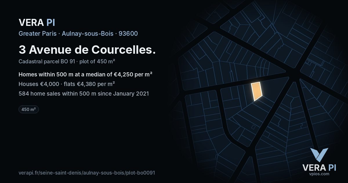 3 Avenue de Courcelles, Aulnay-sous-Bois at night – the plot lit, the parcels around coloured by the prices near them