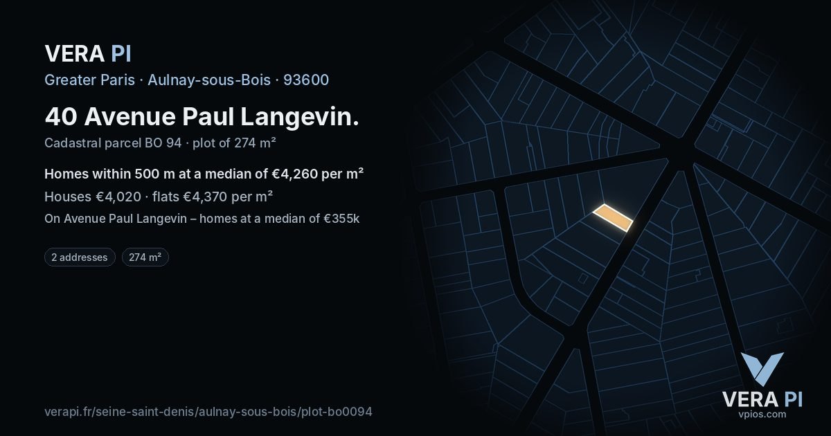 40 Avenue Paul Langevin, Aulnay-sous-Bois at night – the plot lit, the parcels around coloured by the prices near them