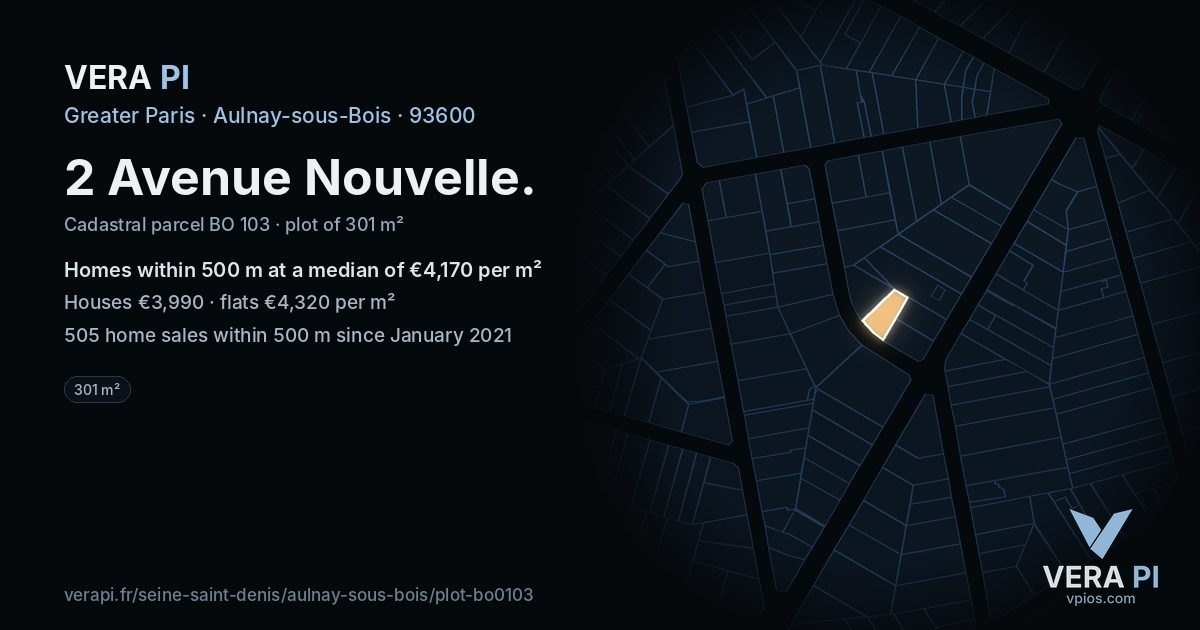 2 Avenue Nouvelle, Aulnay-sous-Bois at night – the plot lit, the parcels around coloured by the prices near them