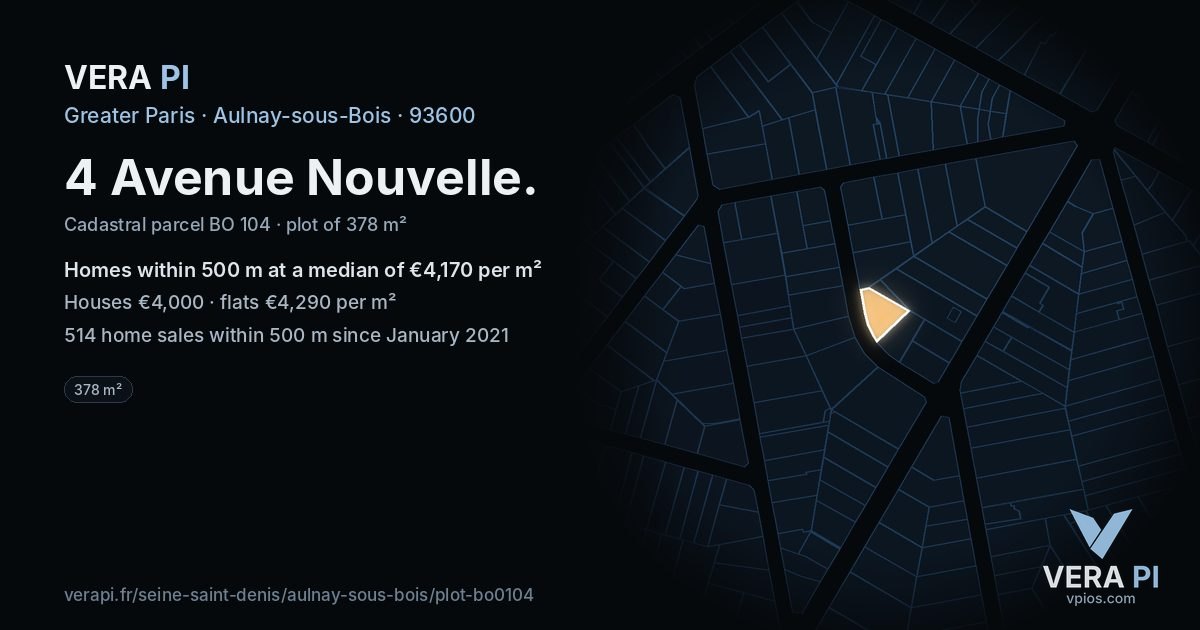 4 Avenue Nouvelle, Aulnay-sous-Bois at night – the plot lit, the parcels around coloured by the prices near them