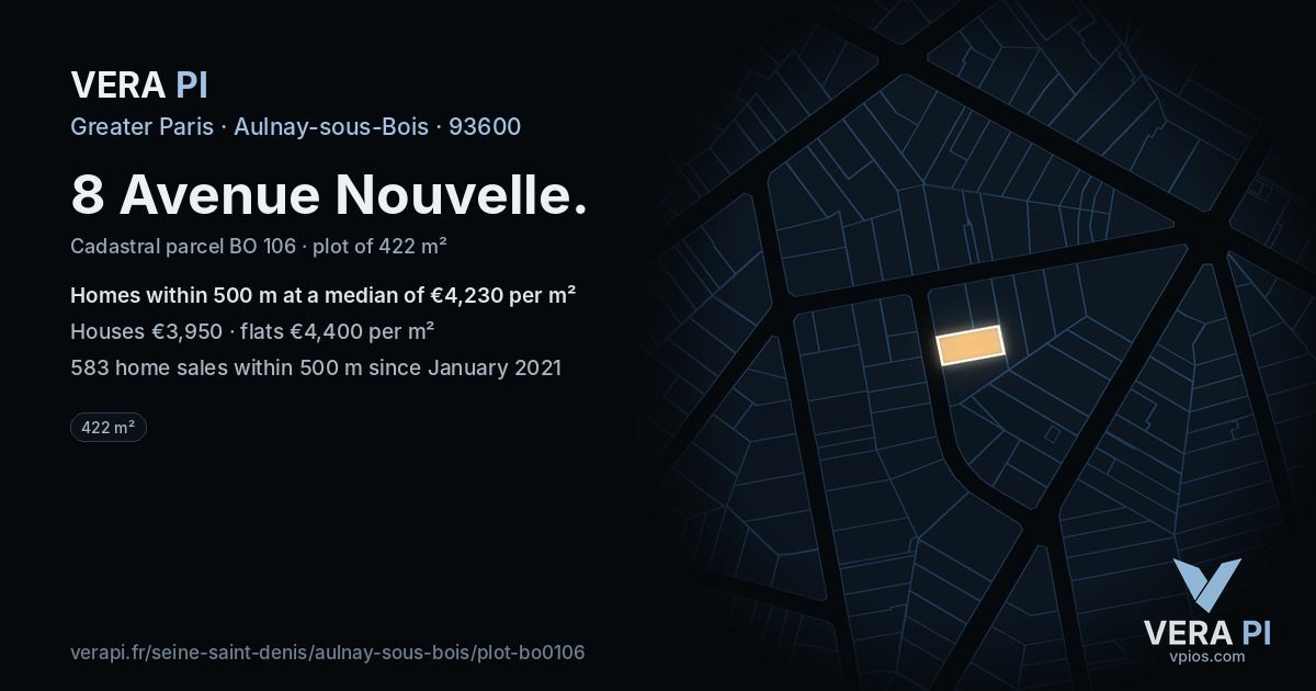 8 Avenue Nouvelle, Aulnay-sous-Bois at night – the plot lit, the parcels around coloured by the prices near them