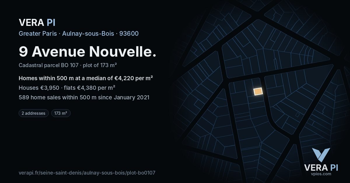 9 Avenue Nouvelle, Aulnay-sous-Bois at night – the plot lit, the parcels around coloured by the prices near them