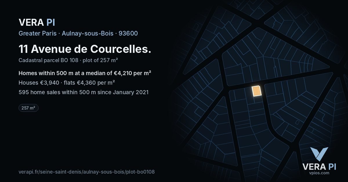 11 Avenue de Courcelles, Aulnay-sous-Bois at night – the plot lit, the parcels around coloured by the prices near them