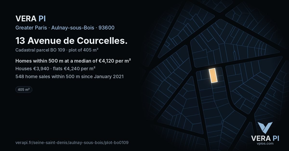 13 Avenue de Courcelles, Aulnay-sous-Bois at night – the plot lit, the parcels around coloured by the prices near them
