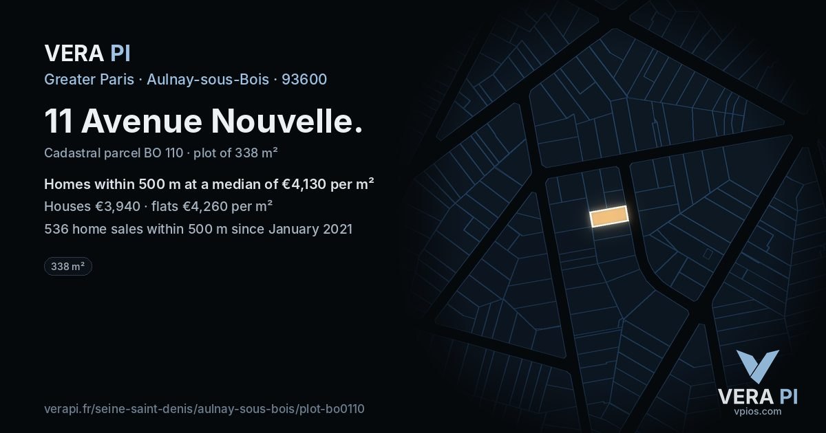 11 Avenue Nouvelle, Aulnay-sous-Bois at night – the plot lit, the parcels around coloured by the prices near them