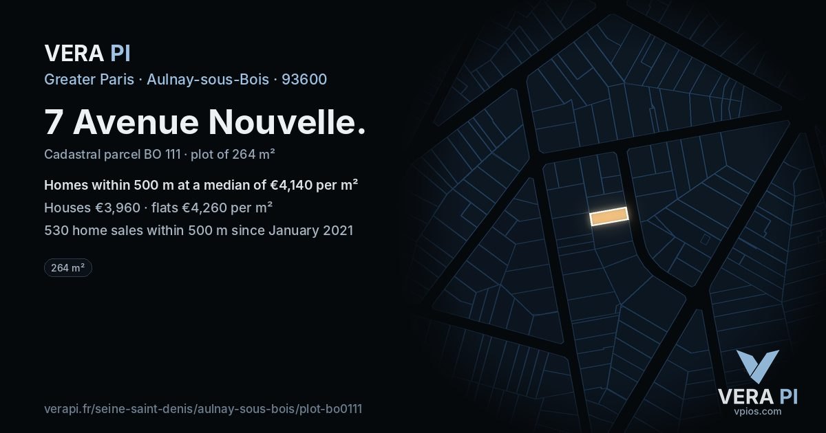 7 Avenue Nouvelle, Aulnay-sous-Bois at night – the plot lit, the parcels around coloured by the prices near them
