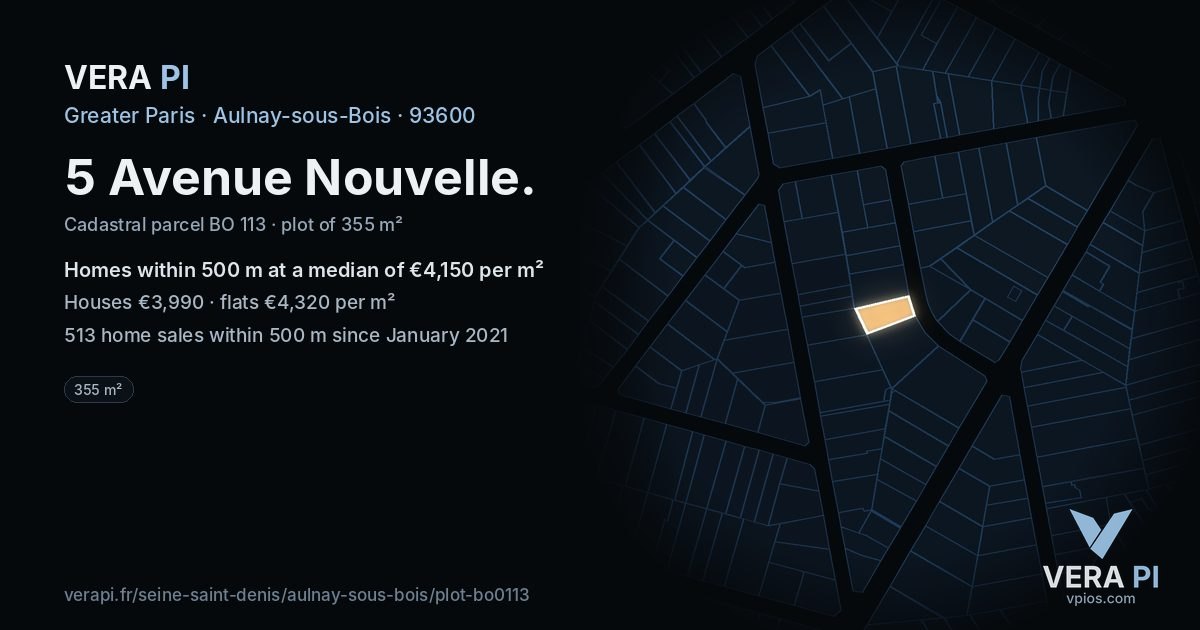 5 Avenue Nouvelle, Aulnay-sous-Bois at night – the plot lit, the parcels around coloured by the prices near them