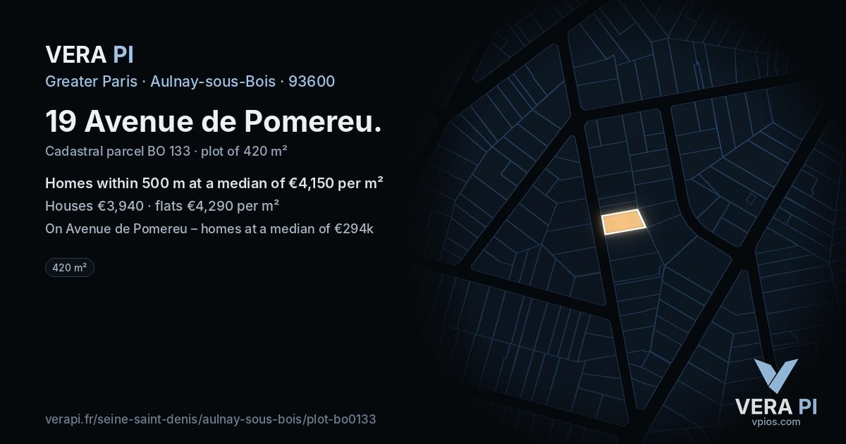 19 Avenue de Pomereu, Aulnay-sous-Bois at night – the plot lit, the parcels around coloured by the prices near them
