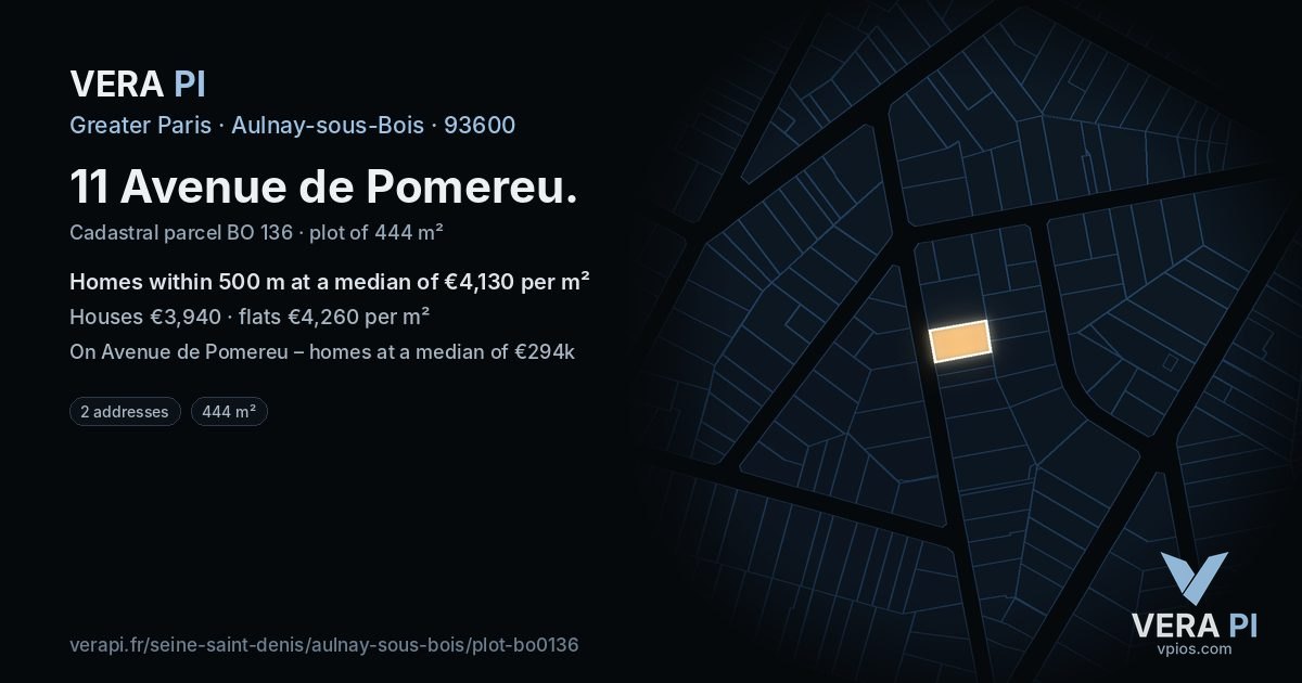 11 Avenue de Pomereu, Aulnay-sous-Bois at night – the plot lit, the parcels around coloured by the prices near them