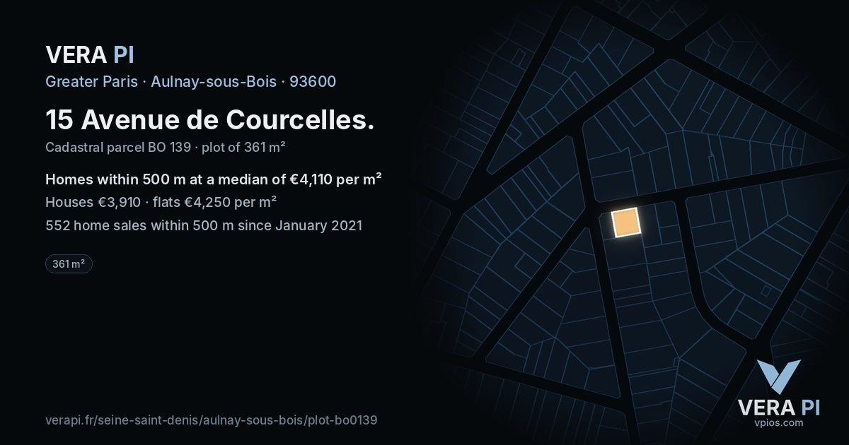 15 Avenue de Courcelles, Aulnay-sous-Bois at night – the plot lit, the parcels around coloured by the prices near them
