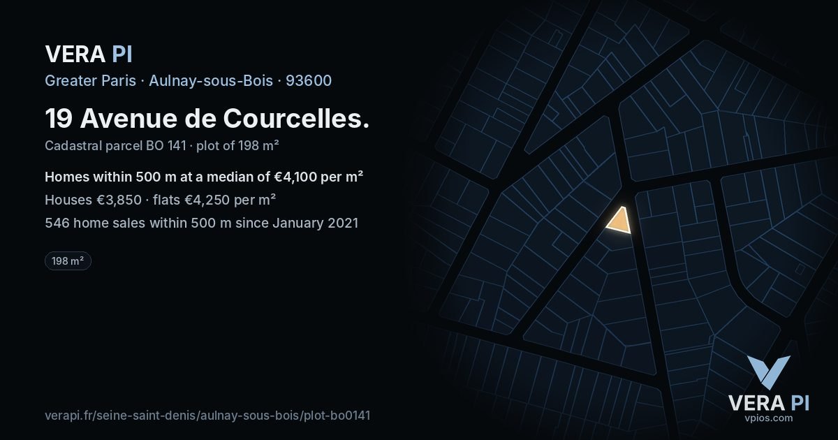 19 Avenue de Courcelles, Aulnay-sous-Bois at night – the plot lit, the parcels around coloured by the prices near them