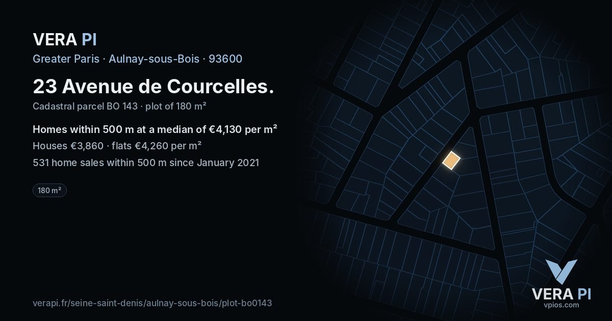 23 Avenue de Courcelles, Aulnay-sous-Bois at night – the plot lit, the parcels around coloured by the prices near them