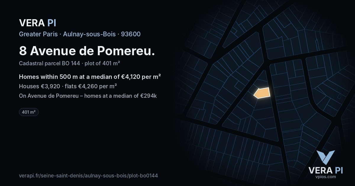 8 Avenue de Pomereu, Aulnay-sous-Bois at night – the plot lit, the parcels around coloured by the prices near them