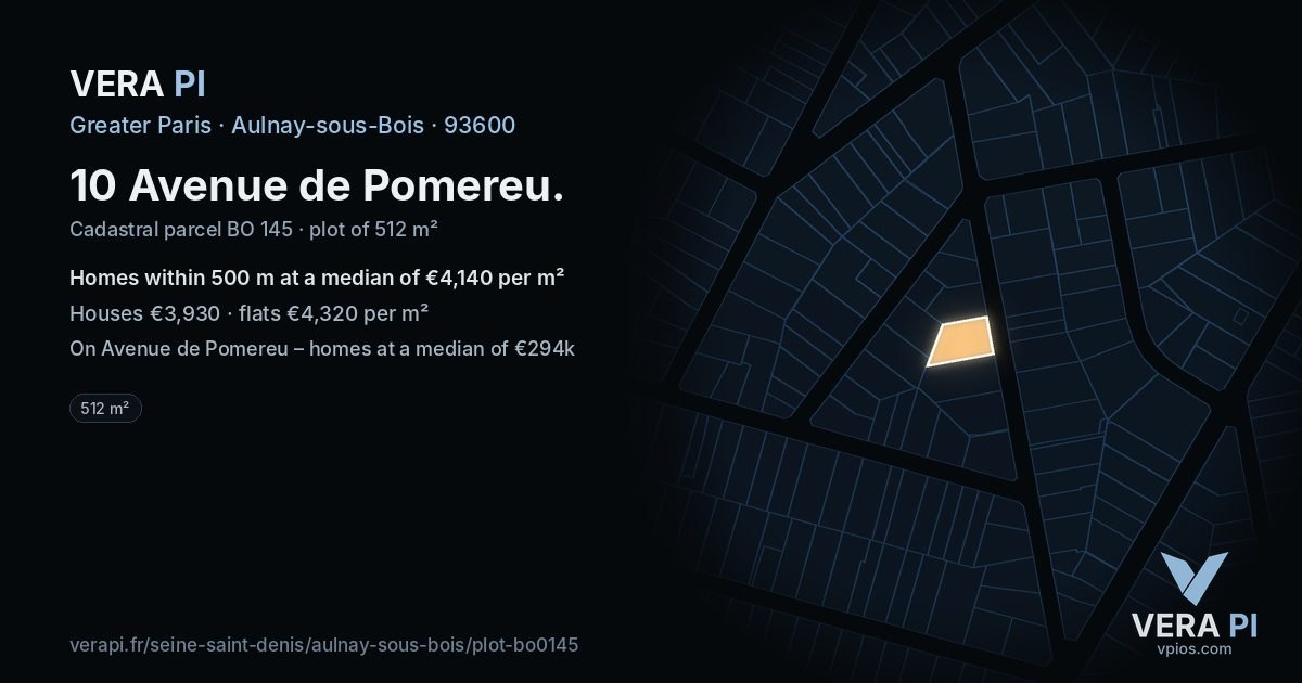 10 Avenue de Pomereu, Aulnay-sous-Bois at night – the plot lit, the parcels around coloured by the prices near them