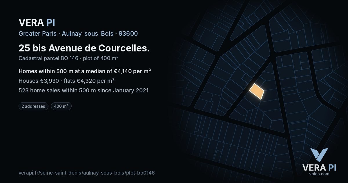 25 bis Avenue de Courcelles, Aulnay-sous-Bois at night – the plot lit, the parcels around coloured by the prices near them