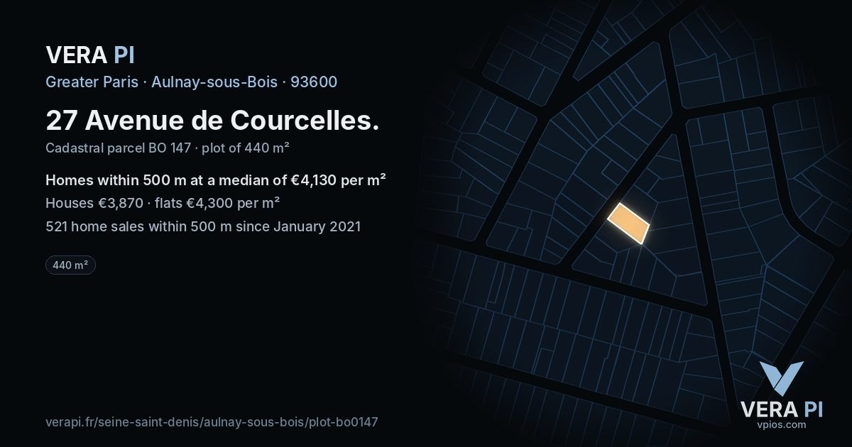 27 Avenue de Courcelles, Aulnay-sous-Bois at night – the plot lit, the parcels around coloured by the prices near them