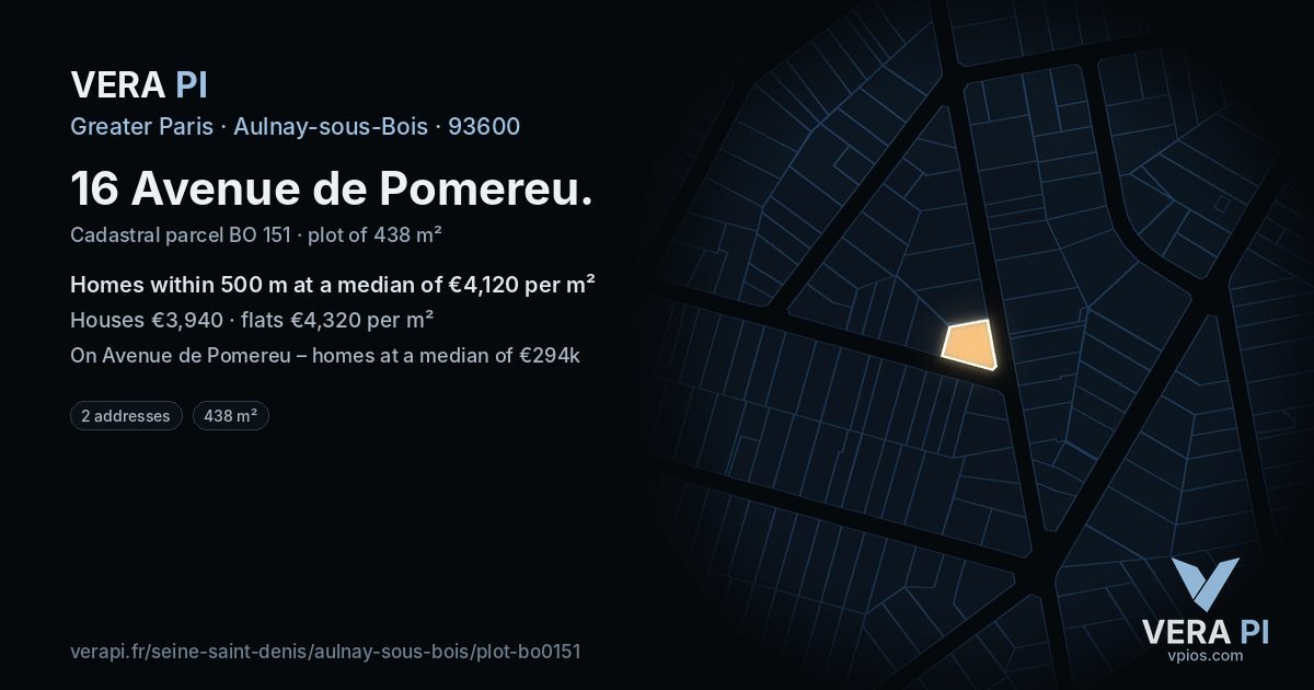 16 Avenue de Pomereu, Aulnay-sous-Bois at night – the plot lit, the parcels around coloured by the prices near them