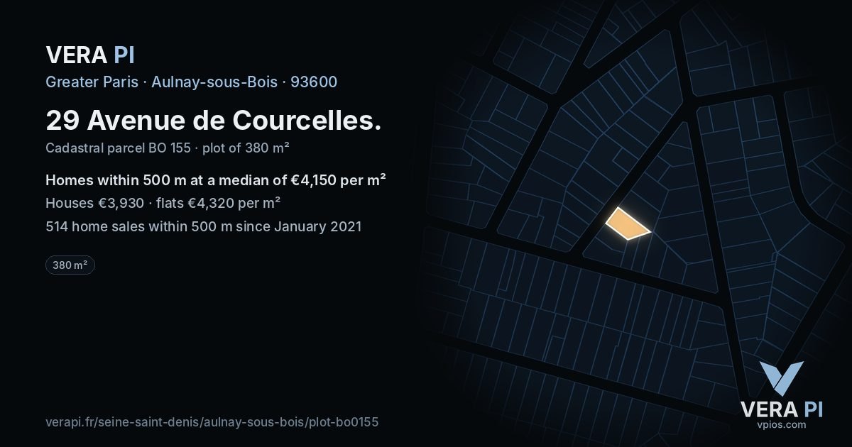 29 Avenue de Courcelles, Aulnay-sous-Bois at night – the plot lit, the parcels around coloured by the prices near them
