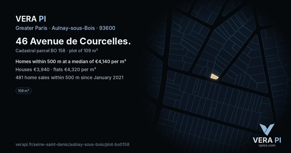 46 Avenue de Courcelles, Aulnay-sous-Bois at night – the plot lit, the parcels around coloured by the prices near them