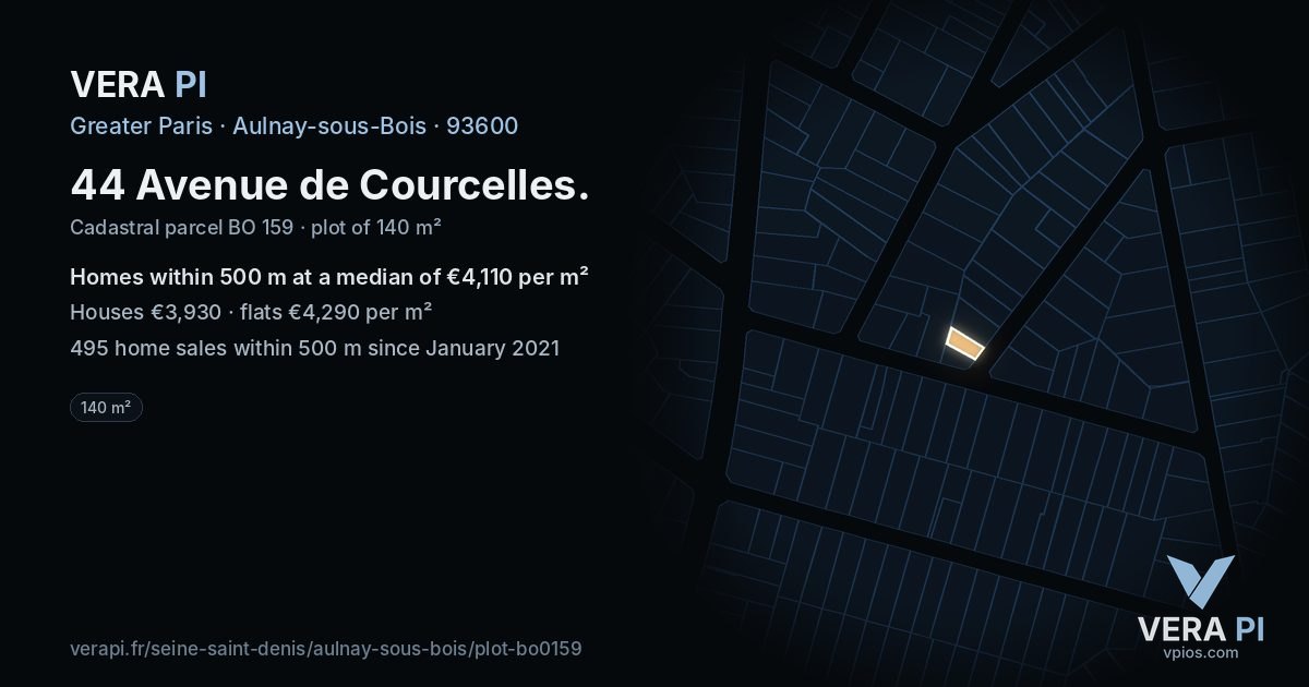 44 Avenue de Courcelles, Aulnay-sous-Bois at night – the plot lit, the parcels around coloured by the prices near them