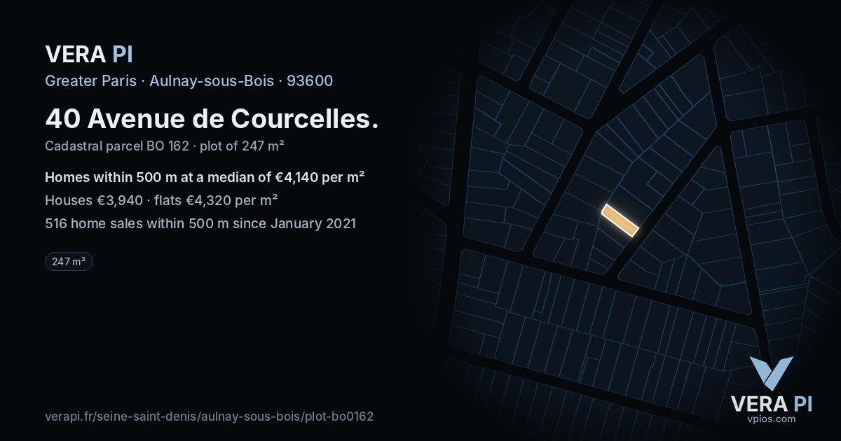 40 Avenue de Courcelles, Aulnay-sous-Bois at night – the plot lit, the parcels around coloured by the prices near them
